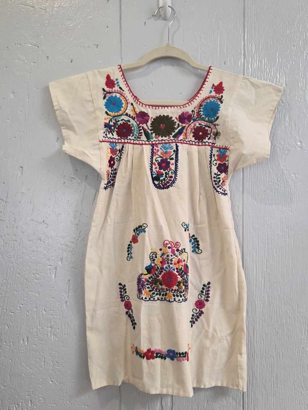 Embroidered Cream Girls' Peasant Dress - Handmade Floral Motif